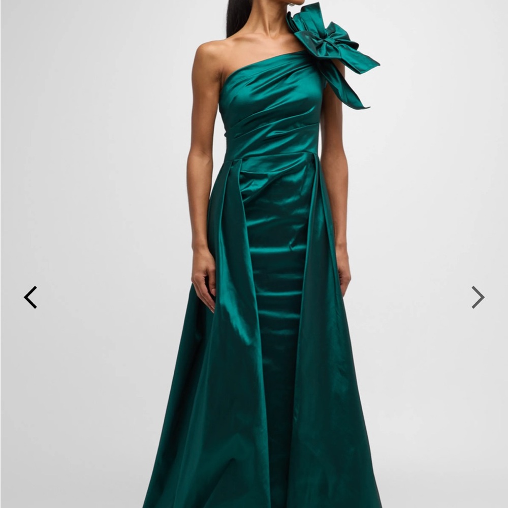 Rickie Freeman for Teri Jon Emerald One-Shoulder Satin Gown with Sculpted Bow